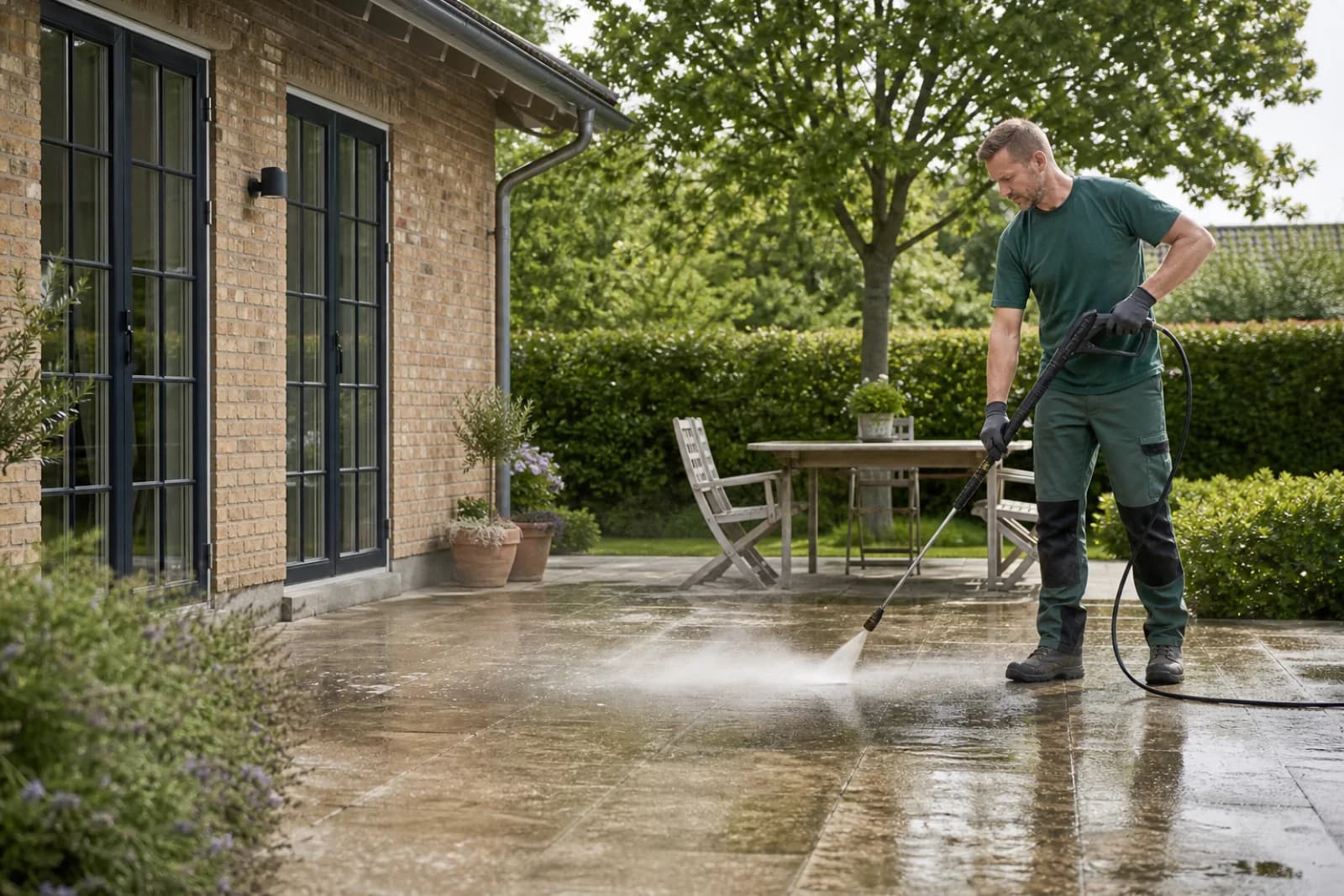 Fagperson renser en dansk terrasse med professionelt udstyr