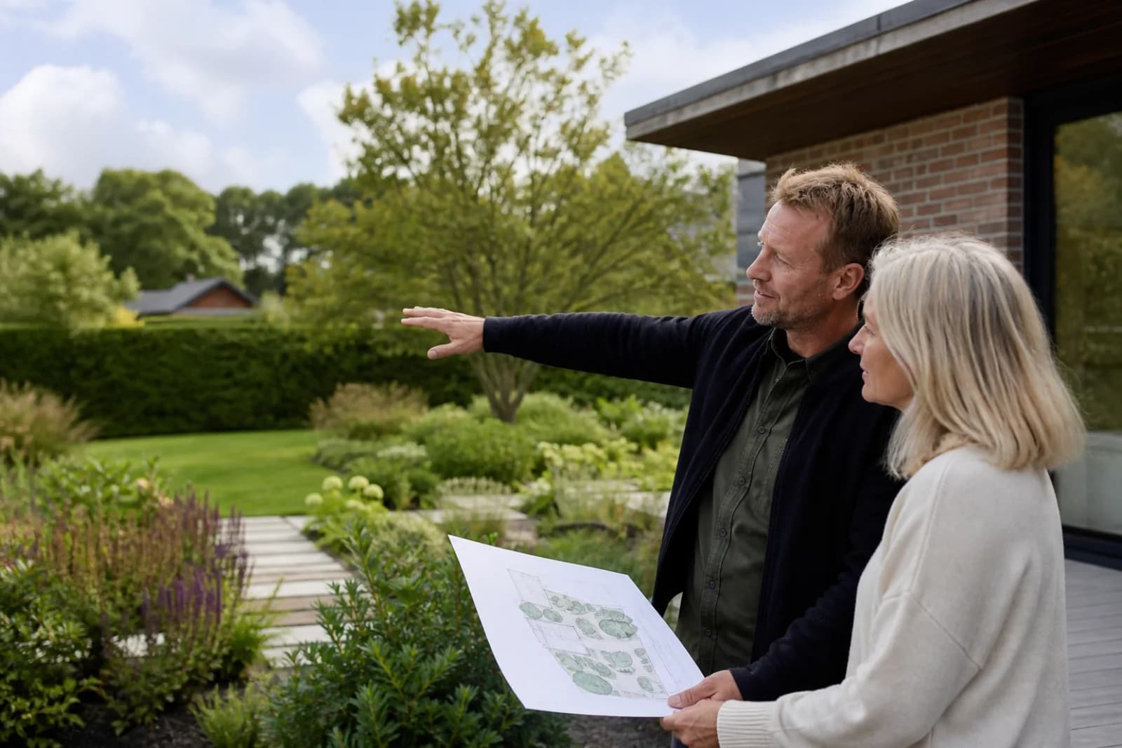 Havedesigner gennemgår en plan med en boligejer i haven