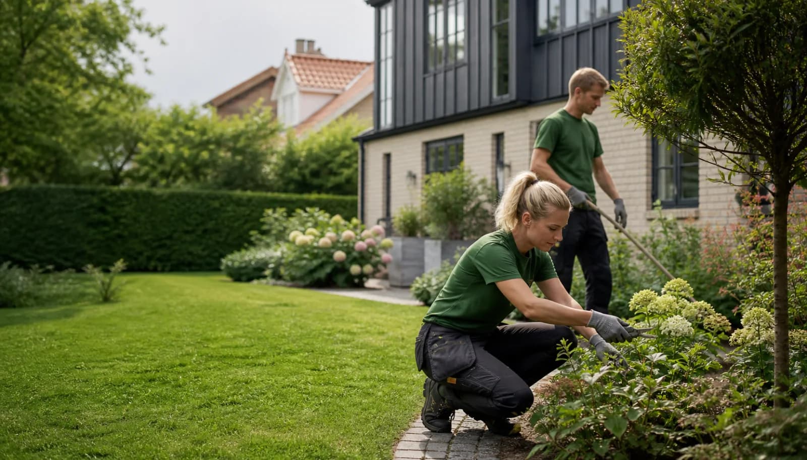 Dansk haveteam plejer bede og buske i en frodig have